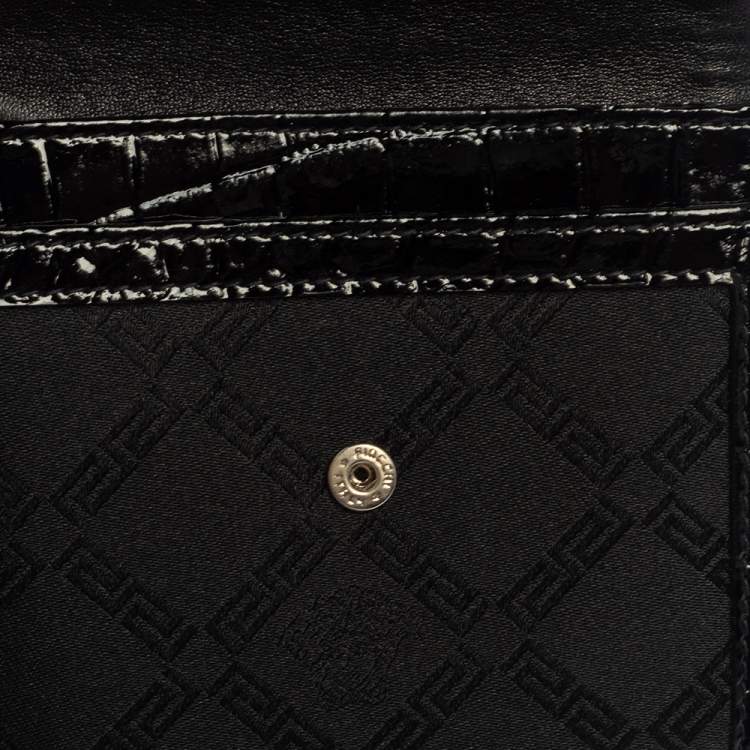 Pre Owned Versace Black Signature Nylon and Croc Embossed Patent Leather Flap Compact Wallet