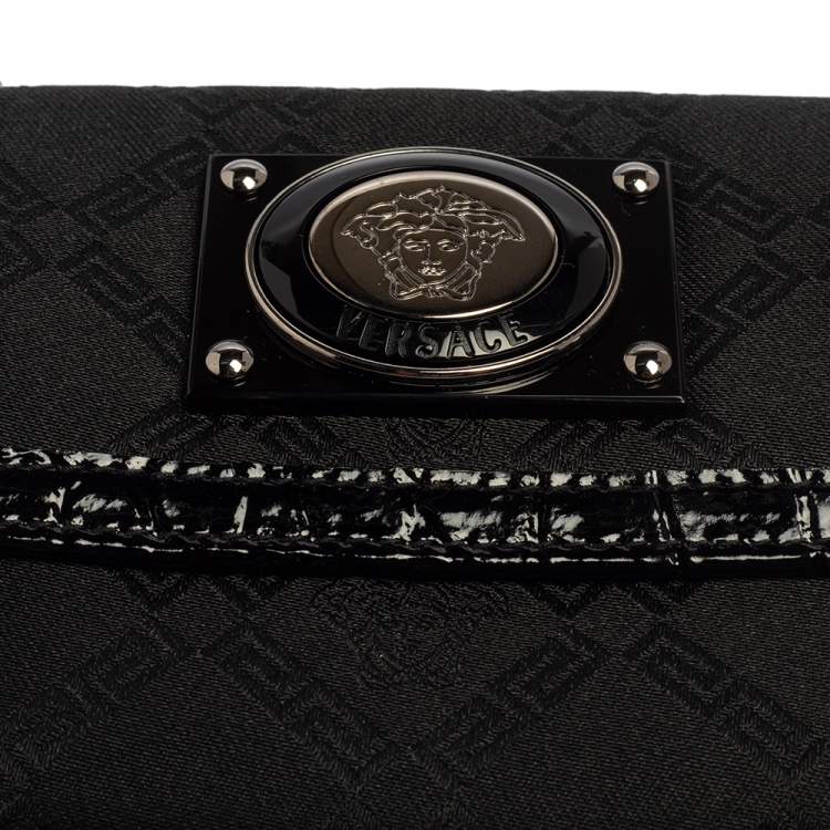Pre Owned Versace Black Signature Nylon and Croc Embossed Patent Leather Flap Compact Wallet