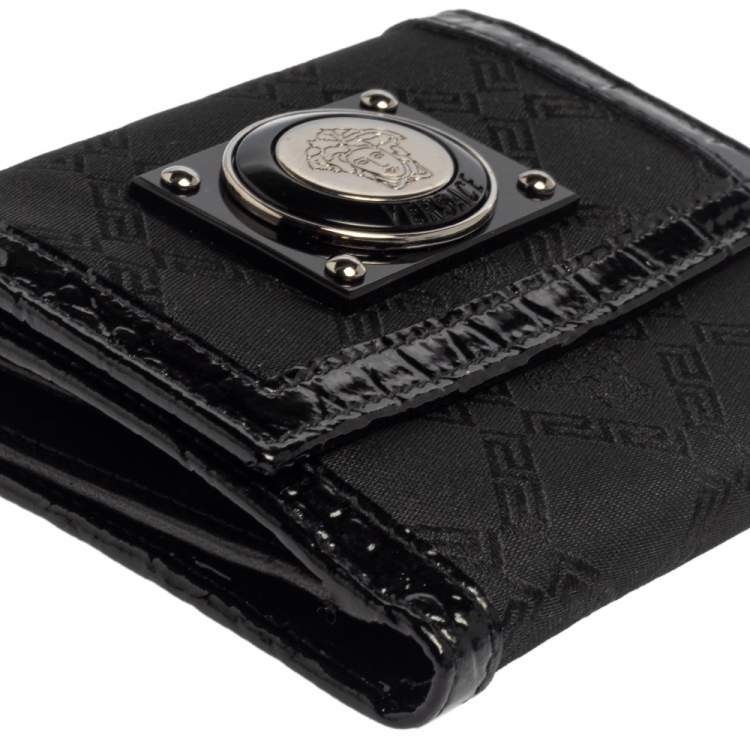Pre Owned Versace Black Signature Nylon and Croc Embossed Patent Leather Flap Compact Wallet
