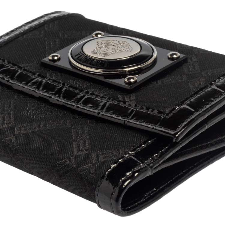 Pre Owned Versace Black Signature Nylon and Croc Embossed Patent Leather Flap Compact Wallet