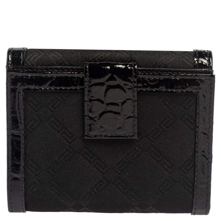Pre Owned Versace Black Signature Nylon and Croc Embossed Patent Leather Flap Compact Wallet