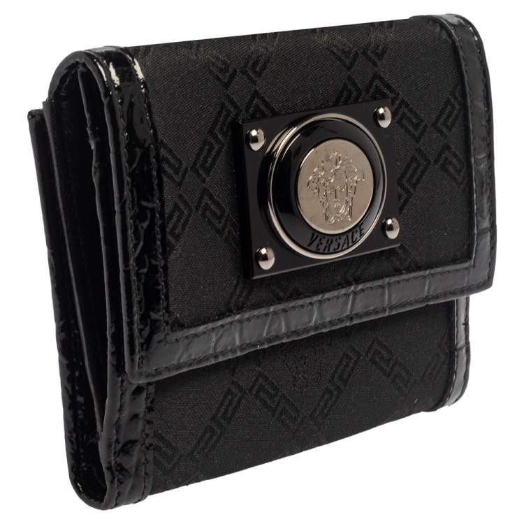 Pre Owned Versace Black Signature Nylon and Croc Embossed Patent Leather Flap Compact Wallet