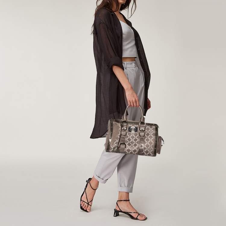 Pre Owned Versace Metallic Grey Signature Canvas and Croc Embossed Leather Snap Out Of It Satchel