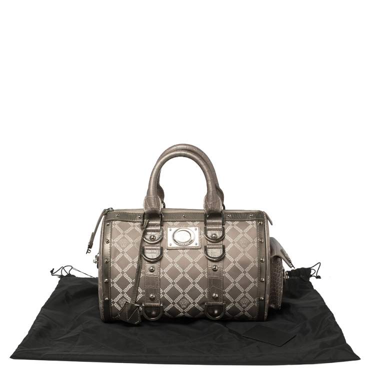 Pre Owned Versace Metallic Grey Signature Canvas and Croc Embossed Leather Snap Out Of It Satchel