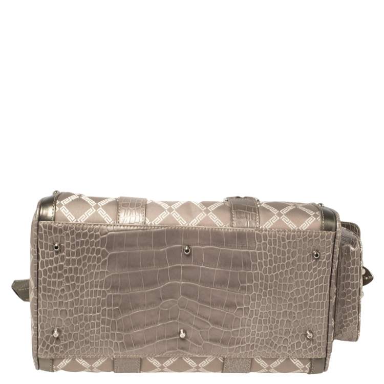 Pre Owned Versace Metallic Grey Signature Canvas and Croc Embossed Leather Snap Out Of It Satchel