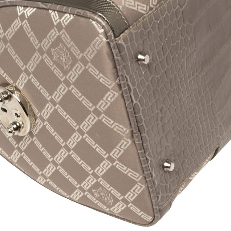 Pre Owned Versace Metallic Grey Signature Canvas and Croc Embossed Leather Snap Out Of It Satchel