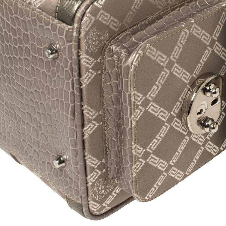 Pre Owned Versace Metallic Grey Signature Canvas and Croc Embossed Leather Snap Out Of It Satchel