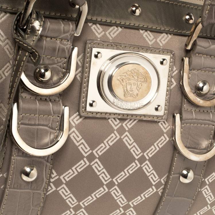 Pre Owned Versace Metallic Grey Signature Canvas and Croc Embossed Leather Snap Out Of It Satchel