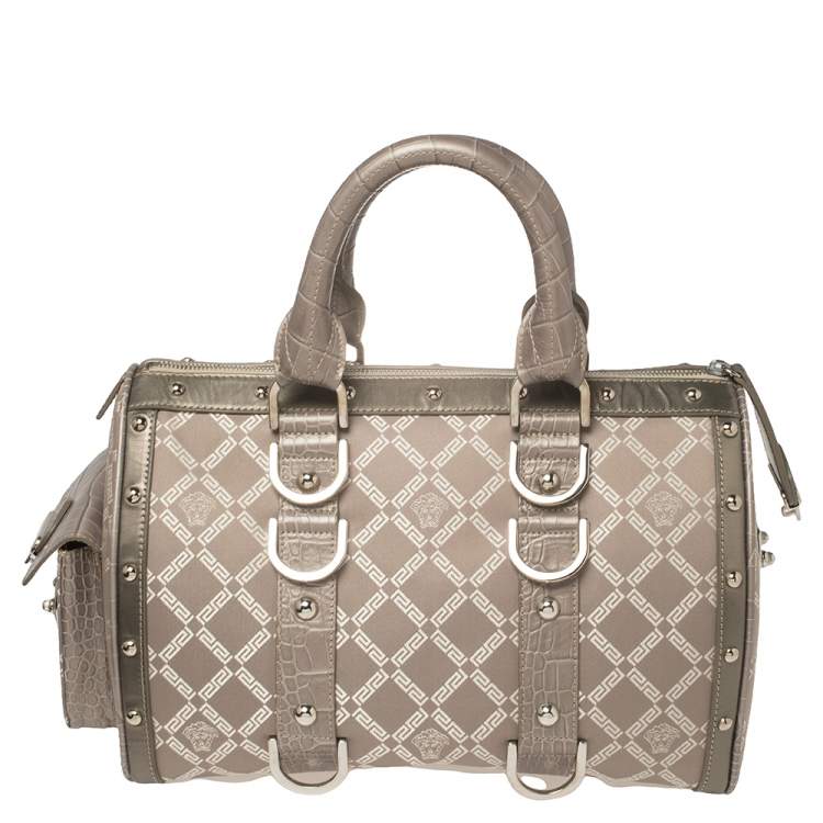 Pre Owned Versace Metallic Grey Signature Canvas and Croc Embossed Leather Snap Out Of It Satchel