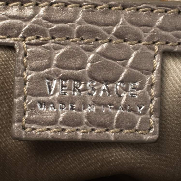 Pre Owned Versace Metallic Grey Signature Canvas and Croc Embossed Leather Snap Out Of It Satchel