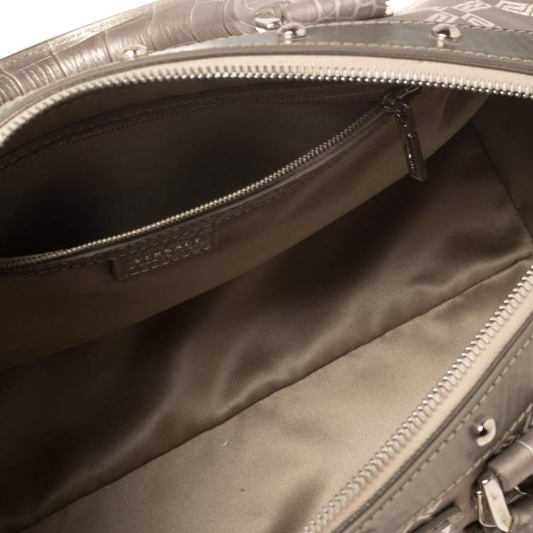 Pre Owned Versace Metallic Grey Signature Canvas and Croc Embossed Leather Snap Out Of It Satchel