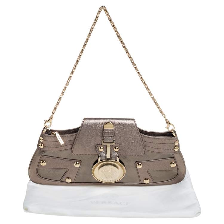 Pre Owned Versace Metallic Embossed Leather Icon Flap Chain Clutch
