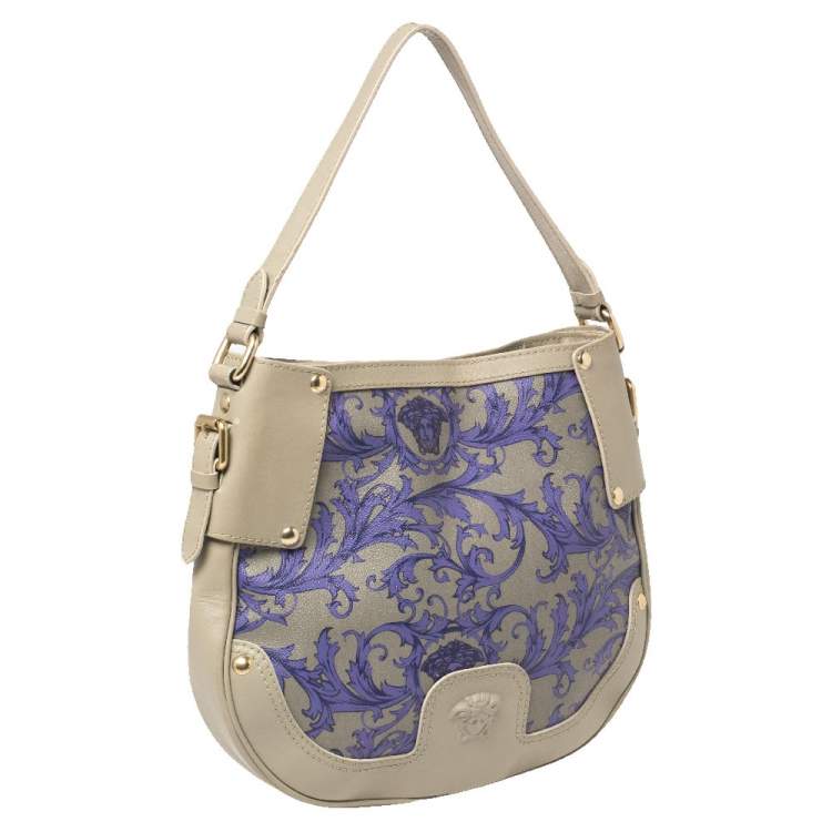 Pre Owned Versace Grey/Purple Majolica Print Leather Hobo 