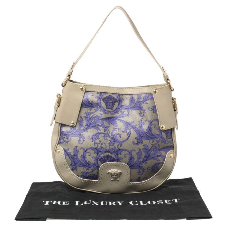 Pre Owned Versace Grey/Purple Majolica Print Leather Hobo 