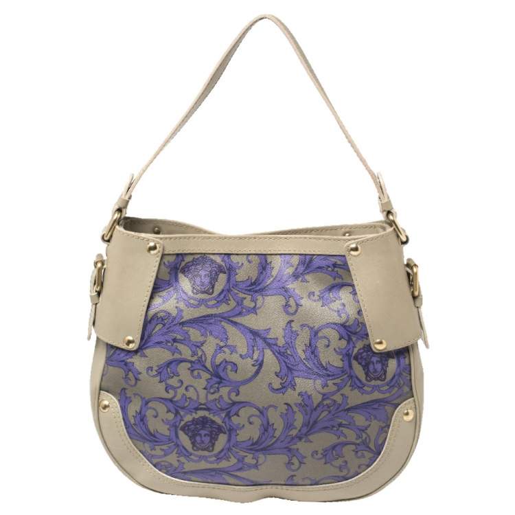 Pre Owned Versace Grey/Purple Majolica Print Leather Hobo 
