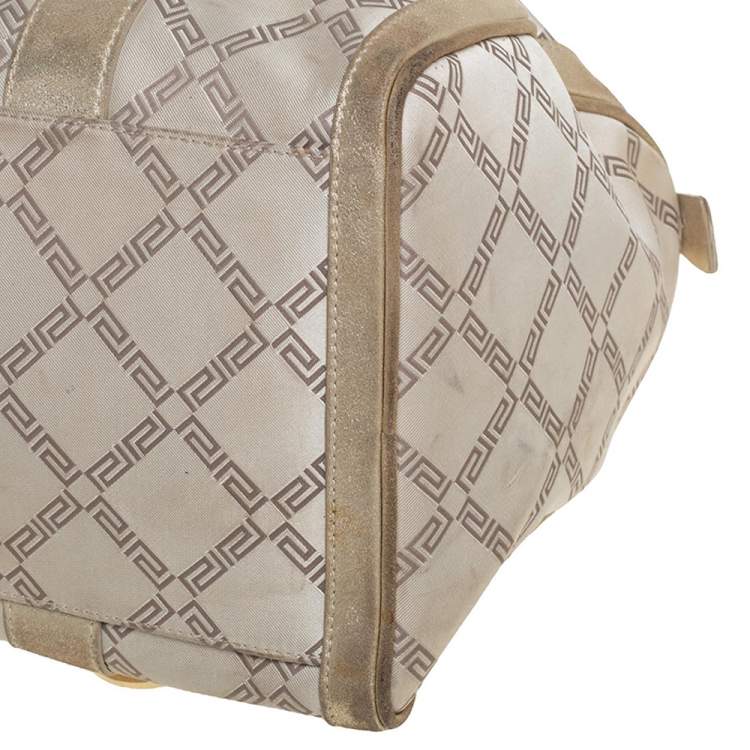 Pre Owned Versace Metallic Gold/Cream Signature Canvas and Leather Snap Out Of It Satchel