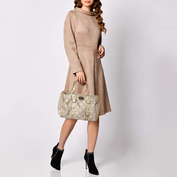 Pre Owned Versace Metallic Gold/Cream Signature Canvas and Leather Snap Out Of It Satchel
