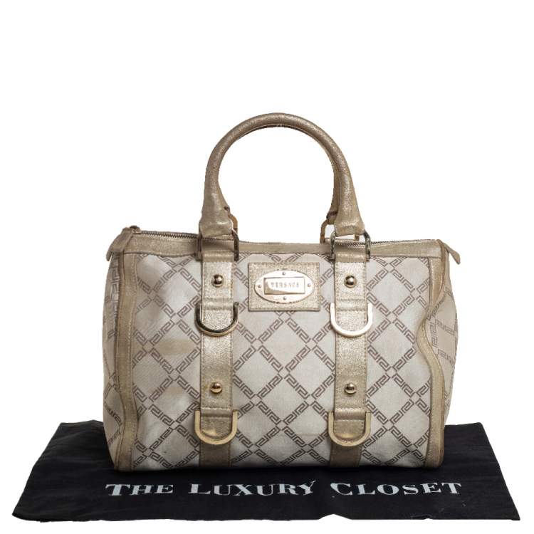 Pre Owned Versace Metallic Gold/Cream Signature Canvas and Leather Snap Out Of It Satchel