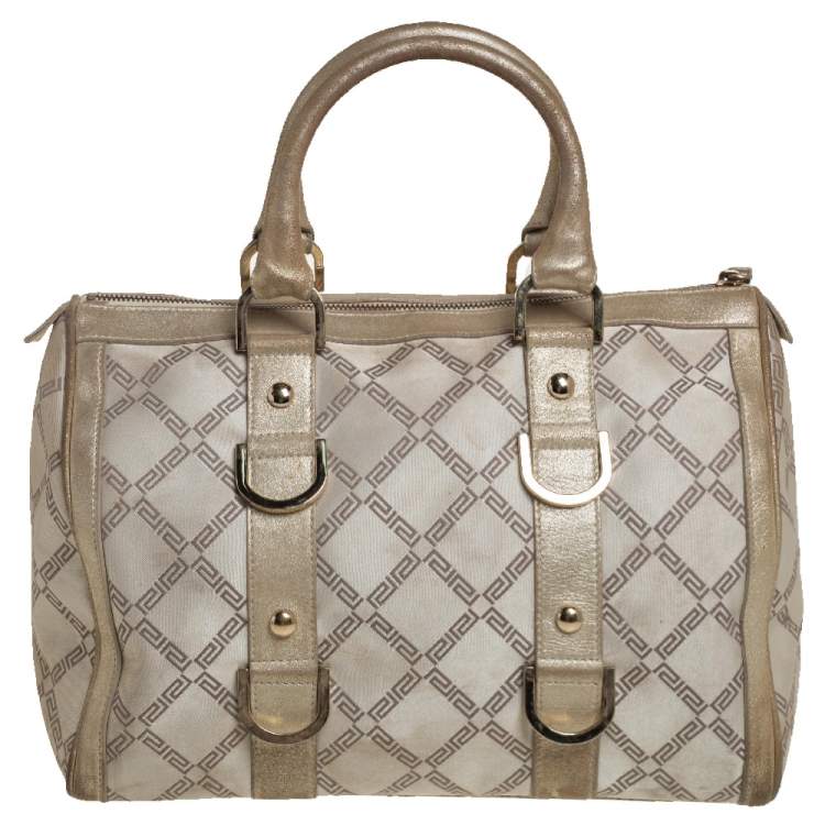 Pre Owned Versace Metallic Gold/Cream Signature Canvas and Leather Snap Out Of It Satchel