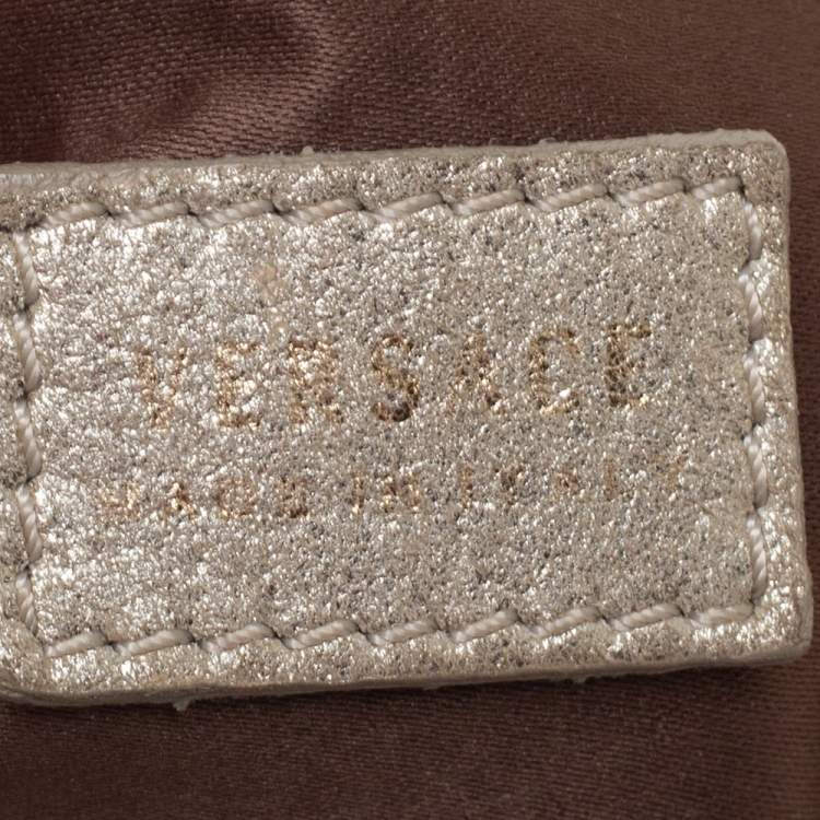 Pre Owned Versace Metallic Gold/Cream Signature Canvas and Leather Snap Out Of It Satchel