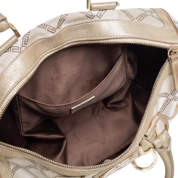 Pre Owned Versace Metallic Gold/Cream Signature Canvas and Leather Snap Out Of It Satchel