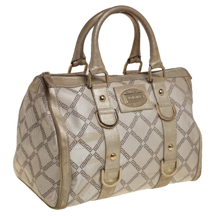 Pre Owned Versace Metallic Gold/Cream Signature Canvas and Leather Snap Out Of It Satchel