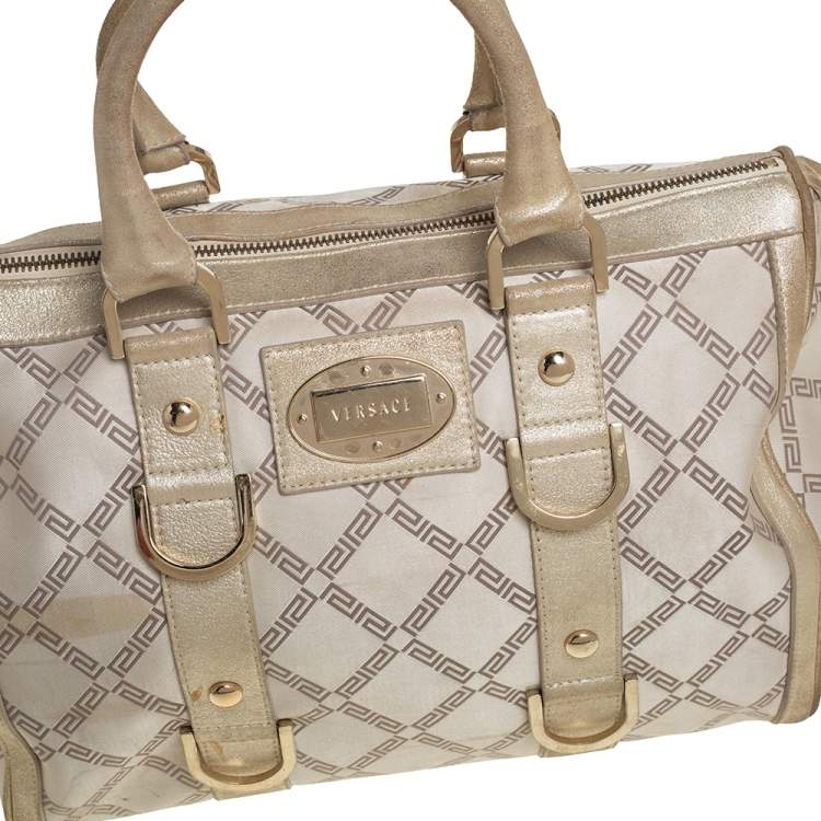 Pre Owned Versace Metallic Gold/Cream Signature Canvas and Leather Snap Out Of It Satchel