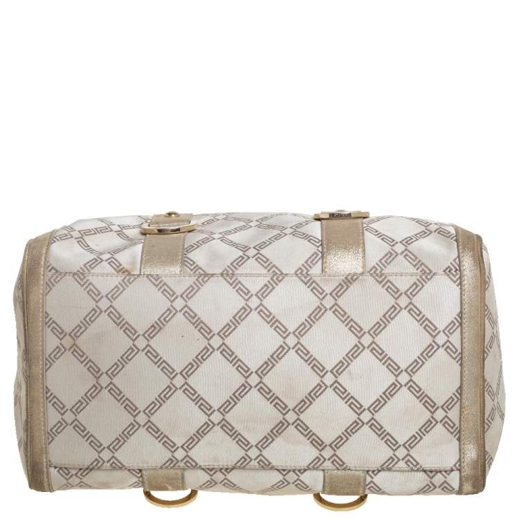 Pre Owned Versace Metallic Gold/Cream Signature Canvas and Leather Snap Out Of It Satchel