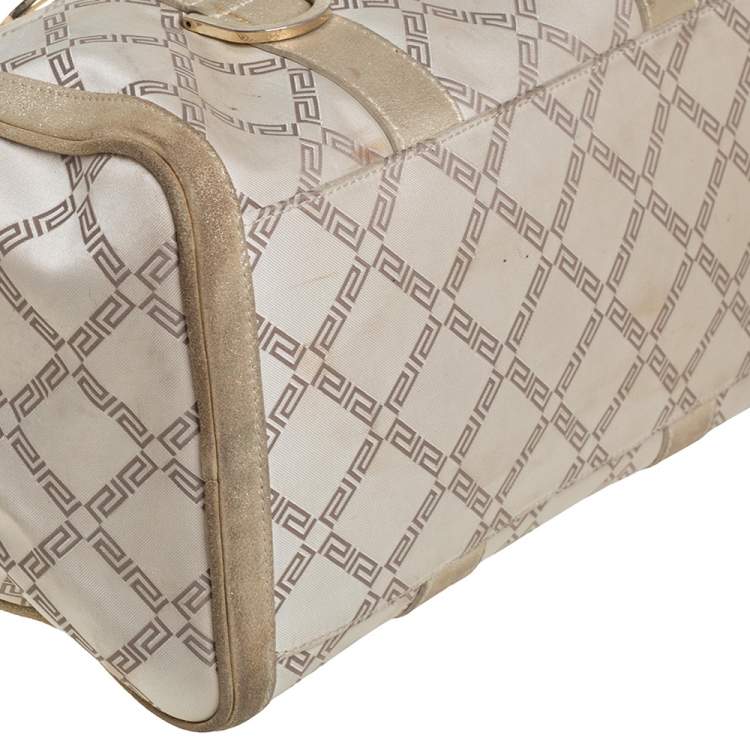 Pre Owned Versace Metallic Gold/Cream Signature Canvas and Leather Snap Out Of It Satchel