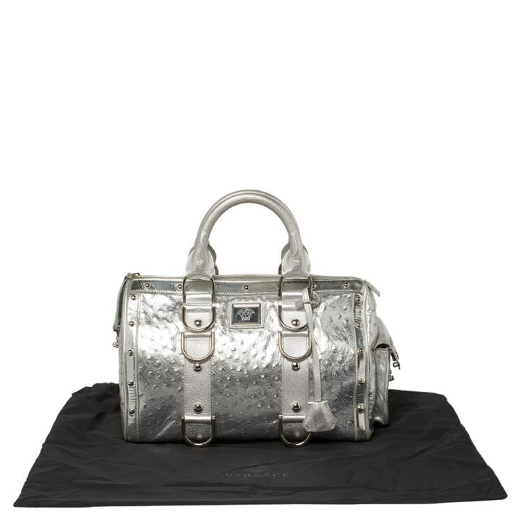 Pre Owned Versace Silver Ostrich Embossed Leather Snap Out Of It Satchel