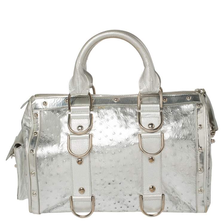 Pre Owned Versace Silver Ostrich Embossed Leather Snap Out Of It Satchel