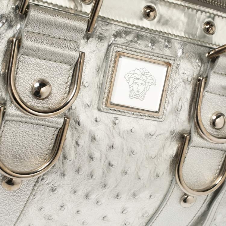 Pre Owned Versace Silver Ostrich Embossed Leather Snap Out Of It Satchel