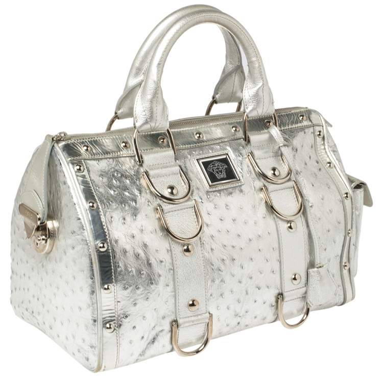 Pre Owned Versace Silver Ostrich Embossed Leather Snap Out Of It Satchel