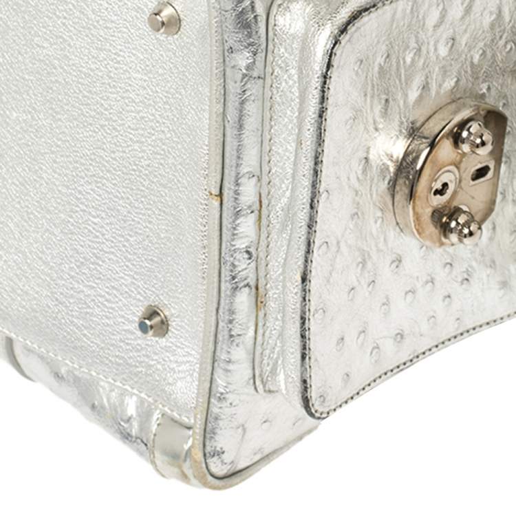 Pre Owned Versace Silver Ostrich Embossed Leather Snap Out Of It Satchel