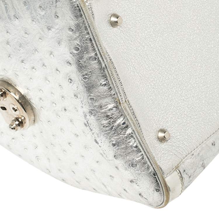 Pre Owned Versace Silver Ostrich Embossed Leather Snap Out Of It Satchel