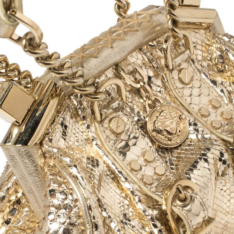 Pre Owned Versace Metallic Gold Python Medusa Satchel