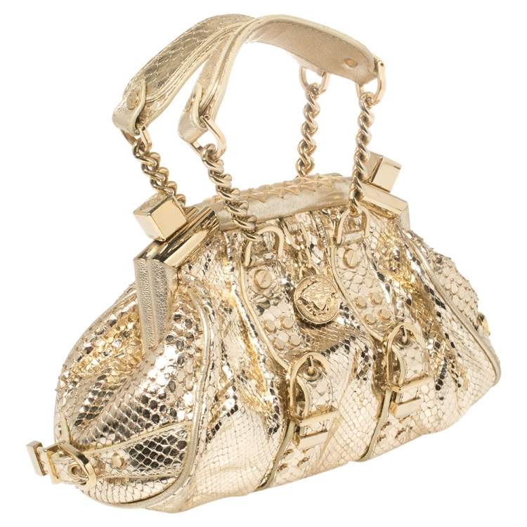 Pre Owned Versace Metallic Gold Python Medusa Satchel