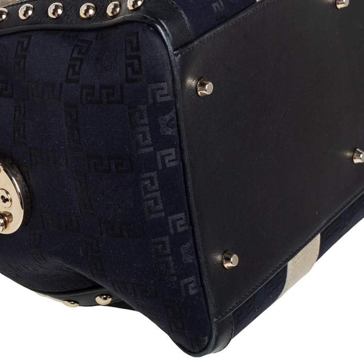 Pre Owned Versace Black Monogram Fabric and Leather Snap Out Of It Satchel