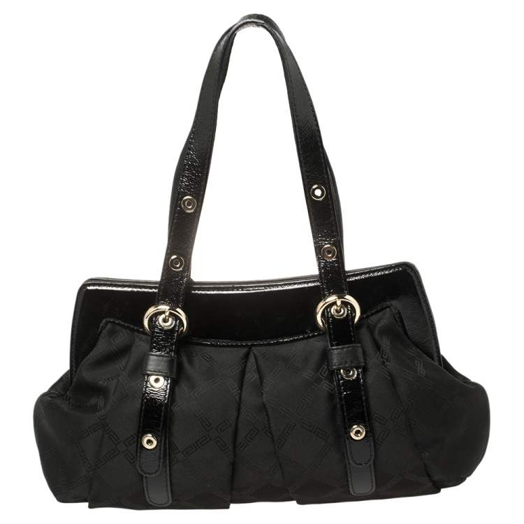 Pre Owned Versace Black Monogram Pleated Nylon and Patent Leather Medusa Frame Satchel