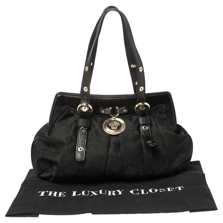 Pre Owned Versace Black Monogram Pleated Nylon and Patent Leather Medusa Frame Satchel