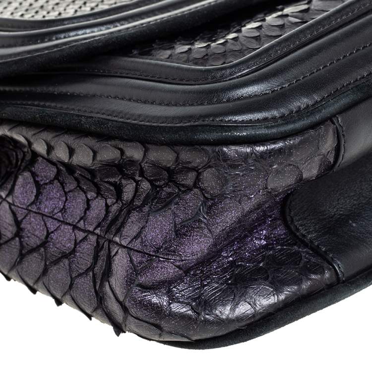 Pre Owned Versace Black/Metallic Purple Python, Leather and Suede Trim Medusa Chain Flap Shoulder Bag