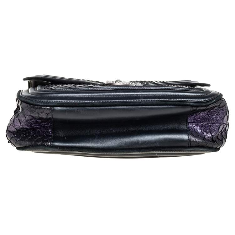 Pre Owned Versace Black/Metallic Purple Python, Leather and Suede Trim Medusa Chain Flap Shoulder Bag