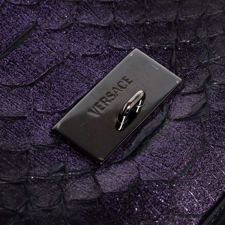 Pre Owned Versace Black/Metallic Purple Python, Leather and Suede Trim Medusa Chain Flap Shoulder Bag