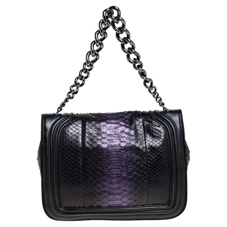 Pre Owned Versace Black/Metallic Purple Python, Leather and Suede Trim Medusa Chain Flap Shoulder Bag