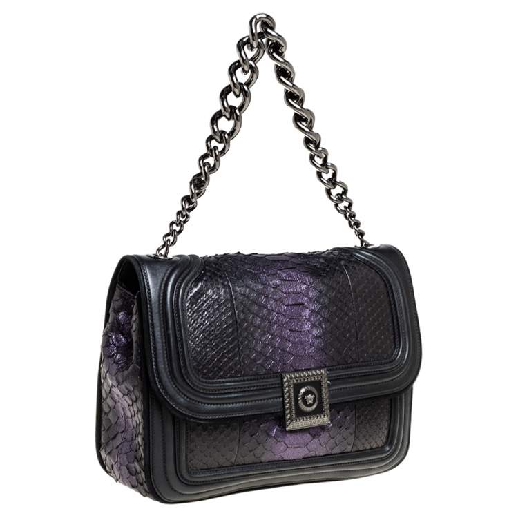 Pre Owned Versace Black/Metallic Purple Python, Leather and Suede Trim Medusa Chain Flap Shoulder Bag