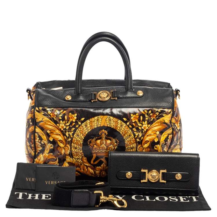 Pre Owned Versace Black/Gold Barroco Print Coated Canvas and Leather Medusa Icon Boston Bag