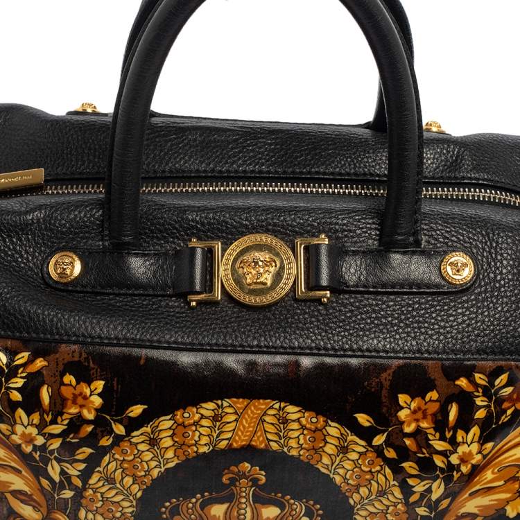 Pre Owned Versace Black/Gold Barroco Print Coated Canvas and Leather Medusa Icon Boston Bag