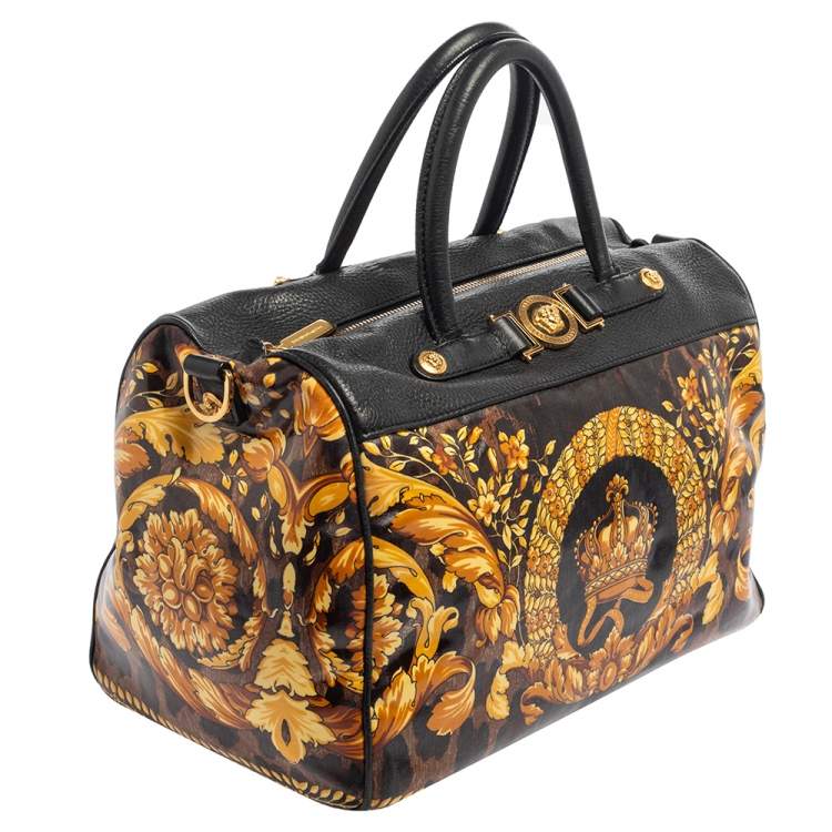 Pre Owned Versace Black/Gold Barroco Print Coated Canvas and Leather Medusa Icon Boston Bag