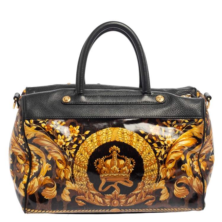 Pre Owned Versace Black/Gold Barroco Print Coated Canvas and Leather Medusa Icon Boston Bag