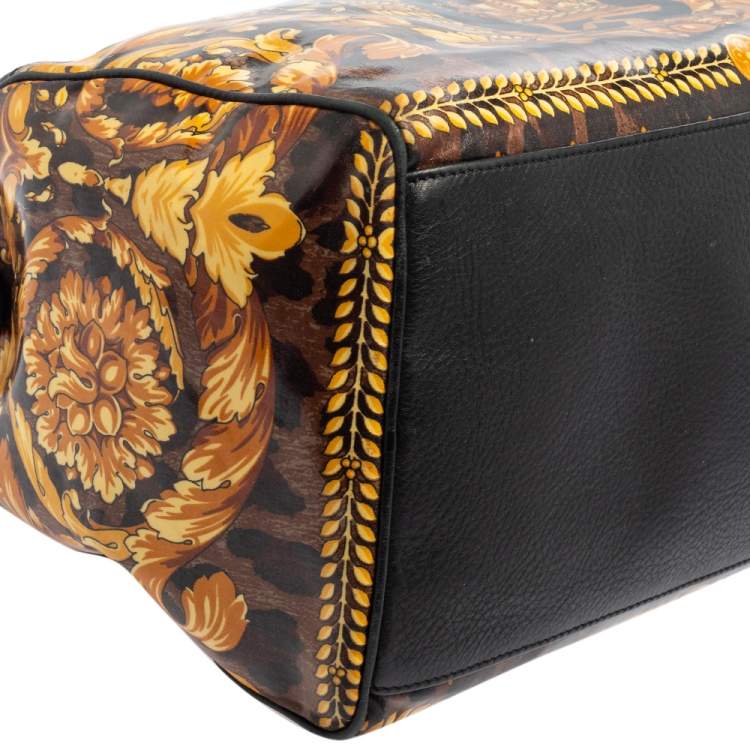 Pre Owned Versace Black/Gold Barroco Print Coated Canvas and Leather Medusa Icon Boston Bag